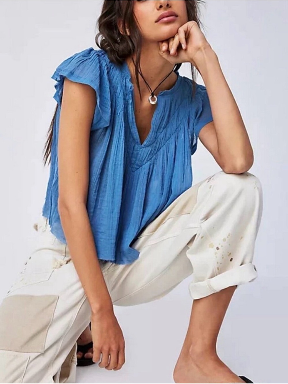FREE PEOPLE Coastal Blue Flutter Sleeve V-Neck Women’s Top FPOne